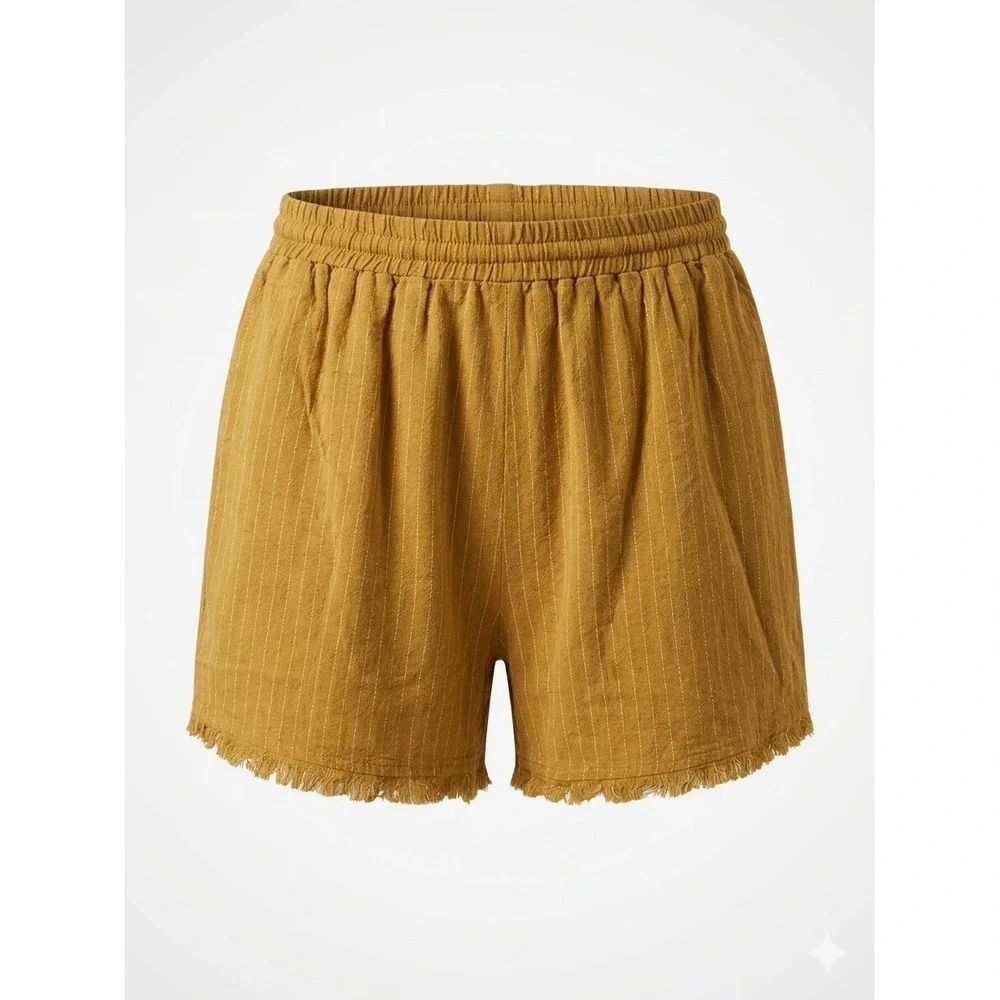 Umgee Mustard Yellow Pinstripe Frayed Hem Linen Blend Shorts M NWT